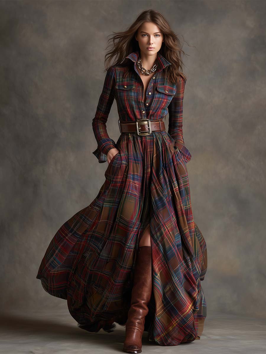 Monica | Brown Plaid Maxi Dress (With Belt)
