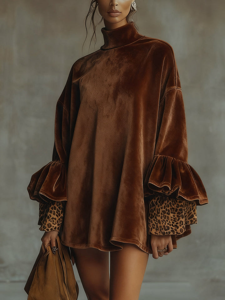 Lyselle | Velvet Leopard Cuff Flounce Sleeve Mini Dress
