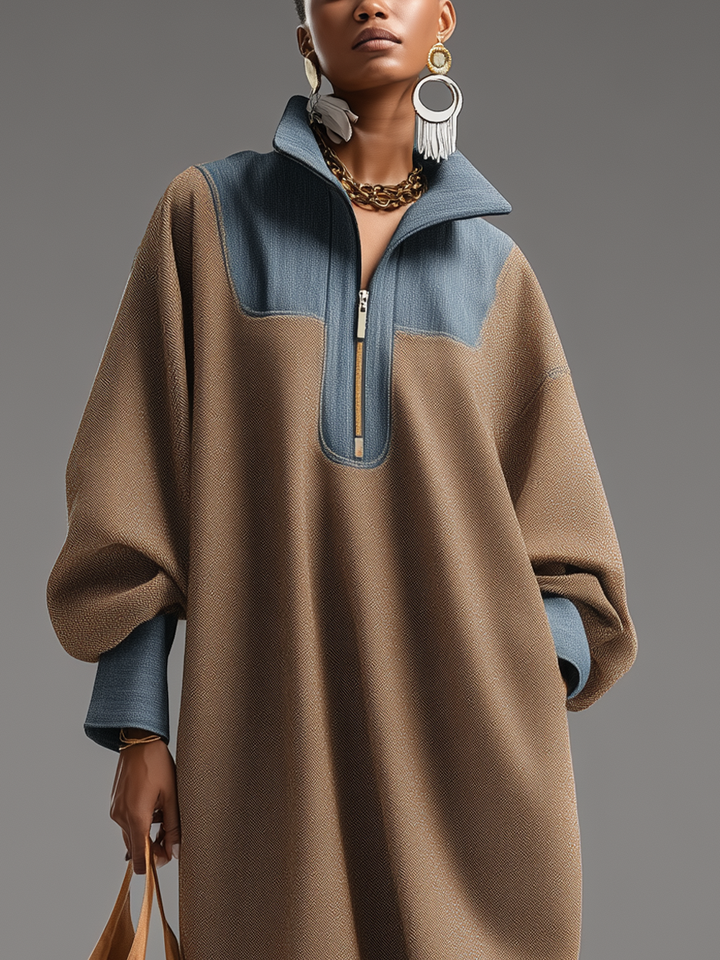 Abigail | Blue Stand Collar Loose-Fitting Long Dress