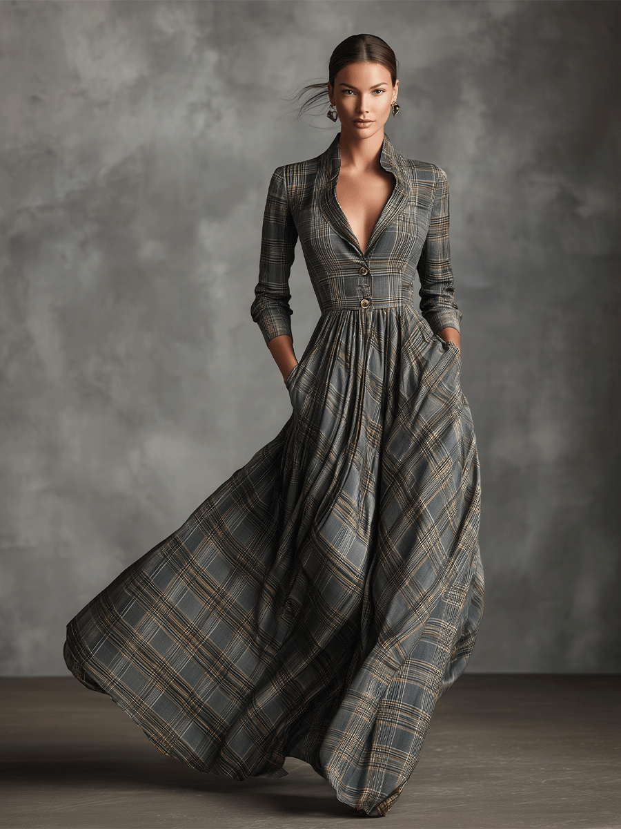 Karen | Sophisticated Tartan Blend Flared Maxi Dress