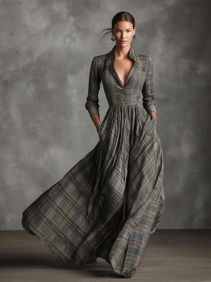 Karen | Sophisticated Tartan Blend Flared Maxi Dress
