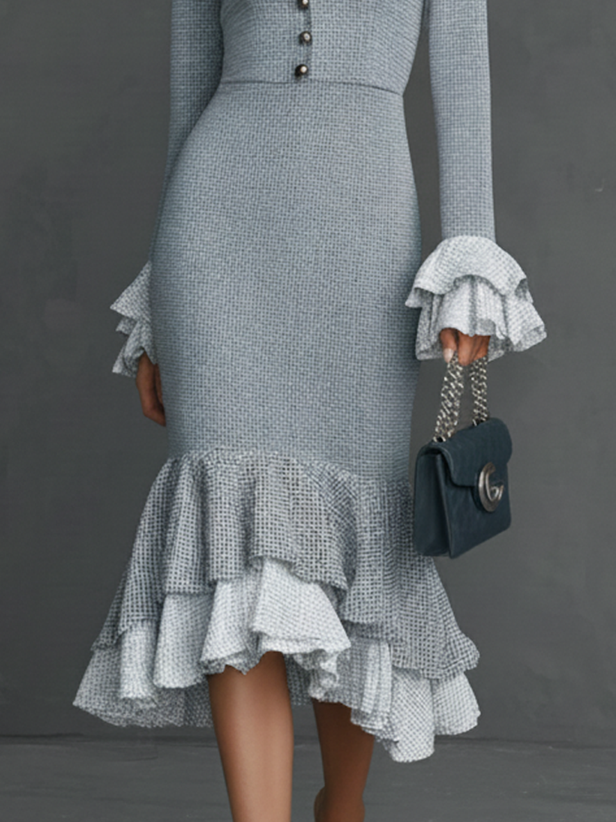 Julie | Long Sleeve Tweed Ruffled Midi Dress