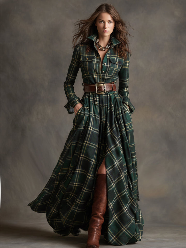 Monica | Brown Plaid Maxi Dress (With Belt)