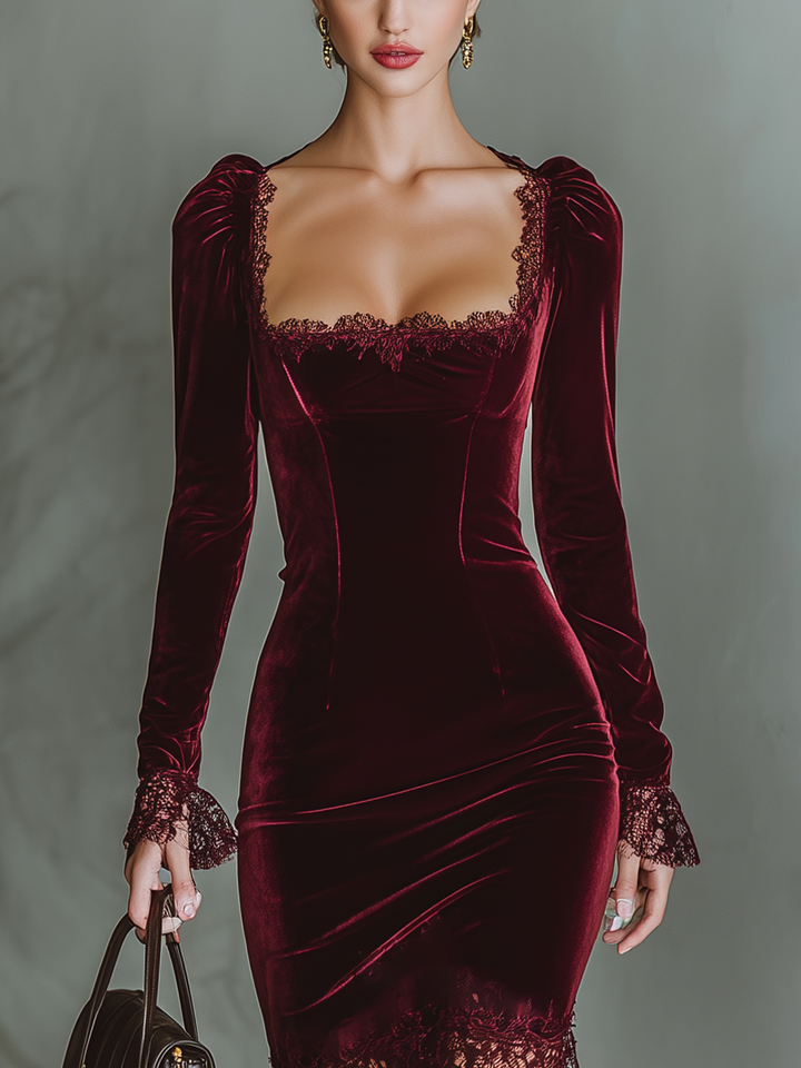 Hannelore | Burgundy Velvet Lace Fitted Maxi Dress