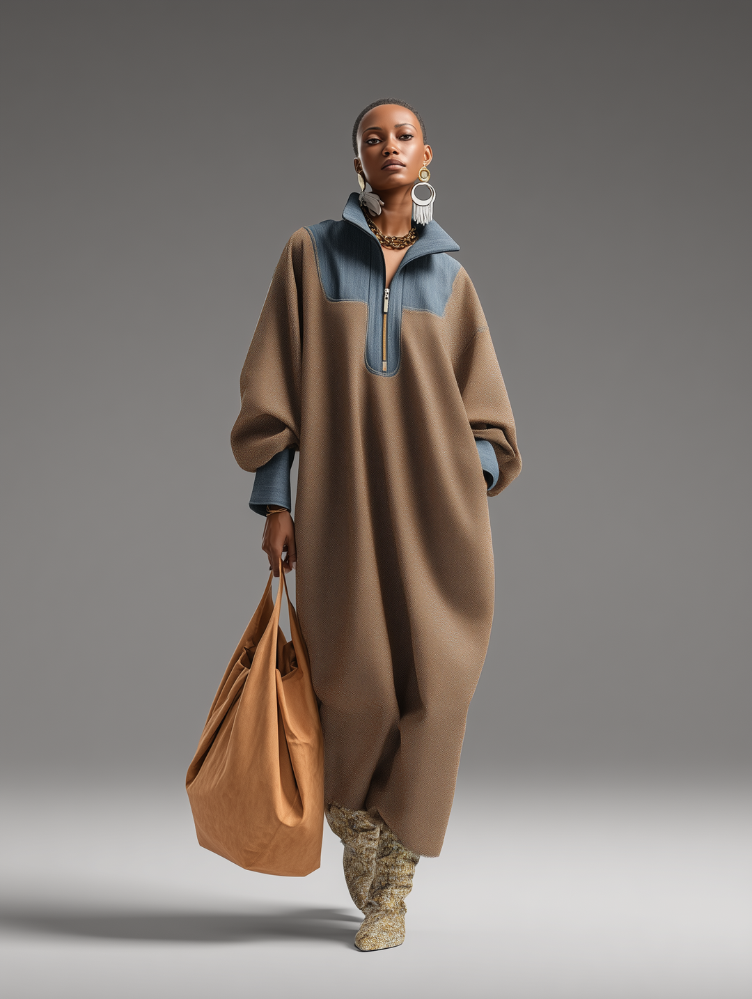 Abigail | Blue Stand Collar Loose-Fitting Long Dress