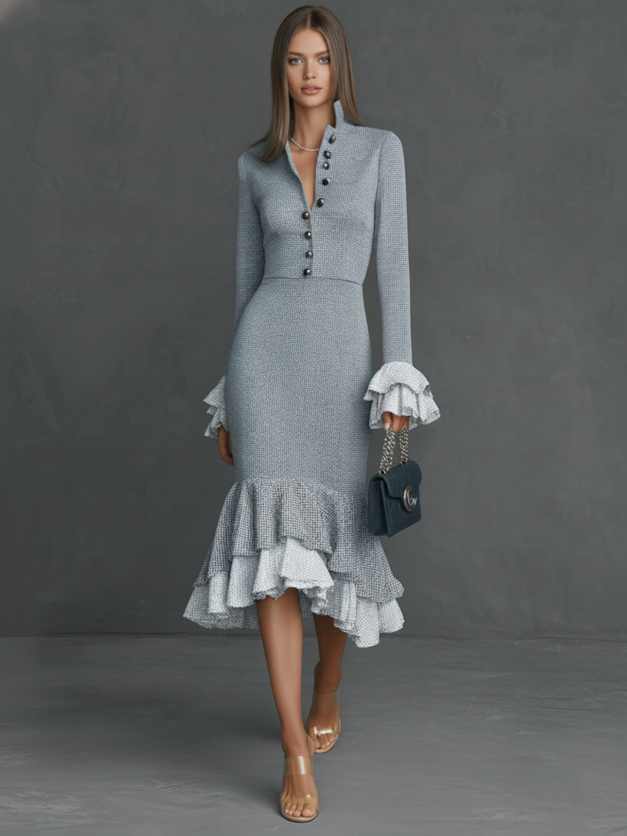 Julie | Long Sleeve Tweed Ruffled Midi Dress