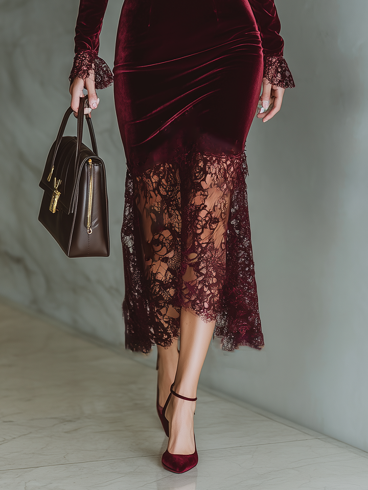 Hannelore | Burgundy Velvet Lace Fitted Maxi Dress