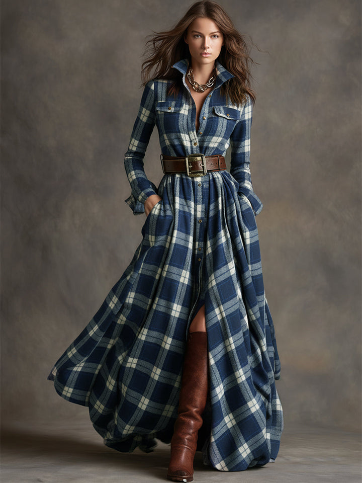 Monica | Brown Plaid Maxi Dress (With Belt)