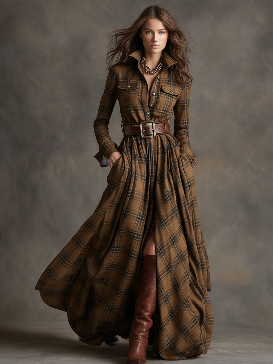 Monica | Brown Plaid Maxi Dress (With Belt)