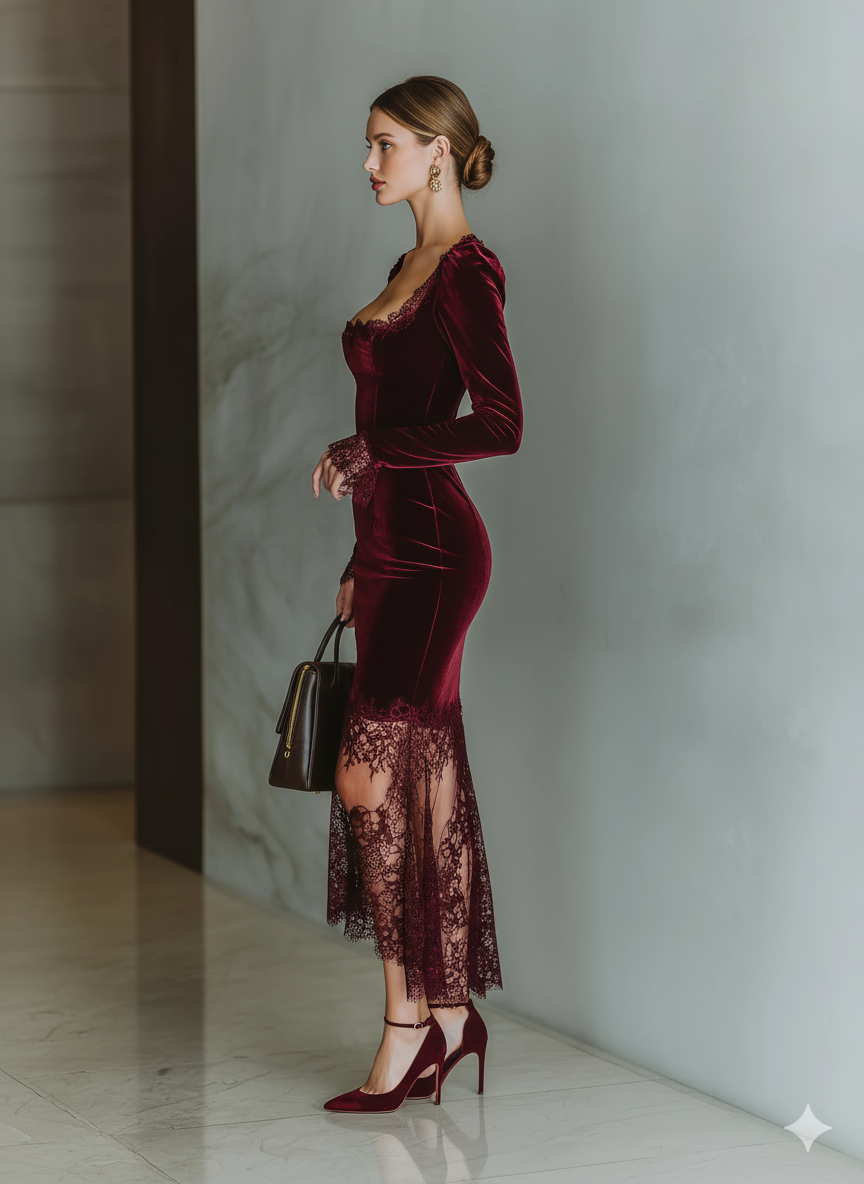 Hannelore | Burgundy Velvet Lace Fitted Maxi Dress