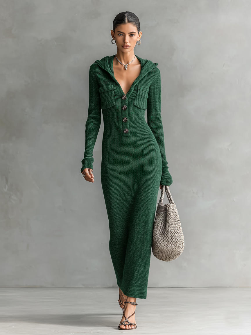 Tracy | Slim-fit Hooded Knitted Maxi Dress