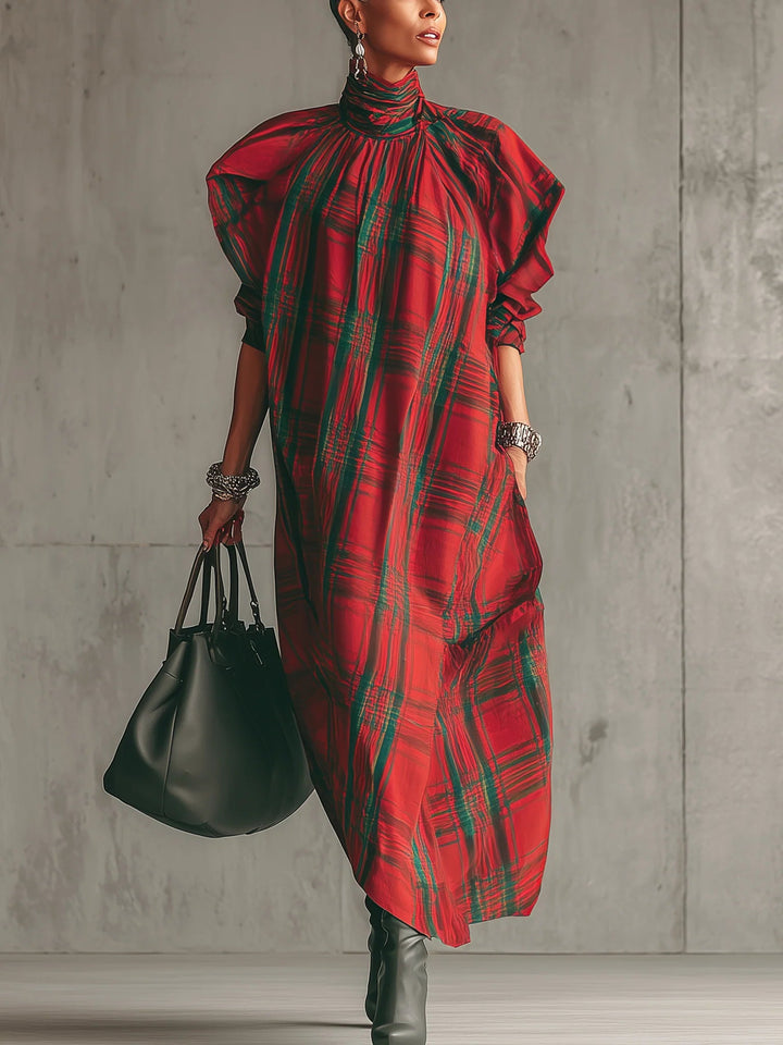 Emily | Red plaid loose-fitting short-sleeved long dress