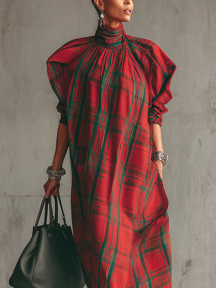Emily | Red plaid loose-fitting short-sleeved long dress