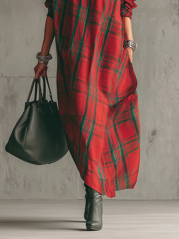Emily | Red plaid loose-fitting short-sleeved long dress