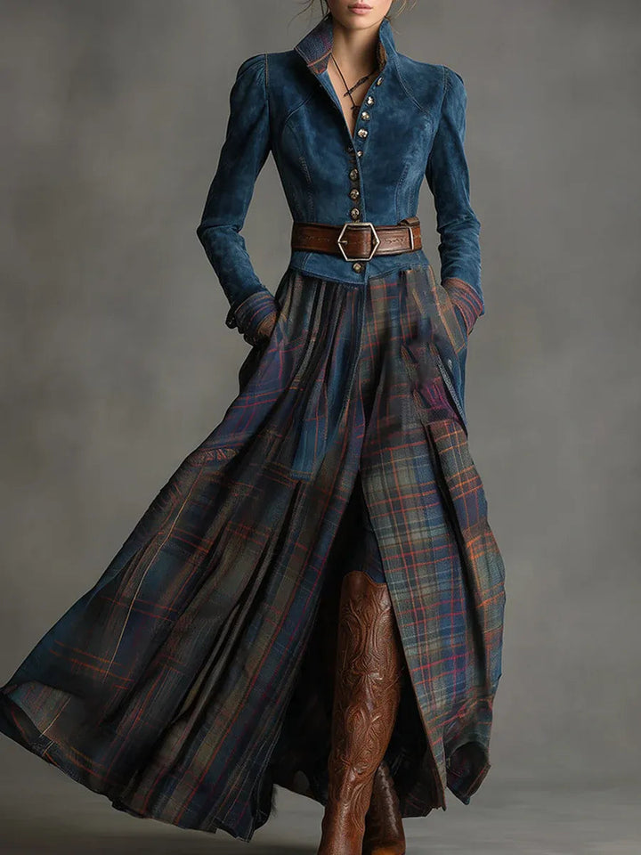 Tracy | Blue Faux Suede Plaid Maxi Dress