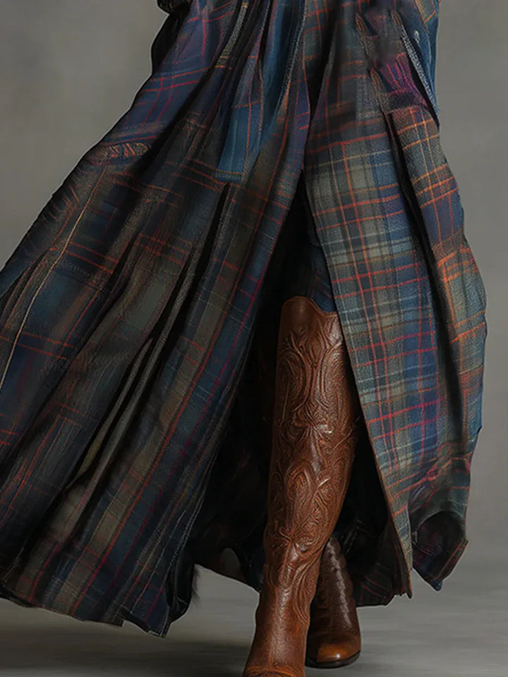 Tracy | Blue Faux Suede Plaid Maxi Dress