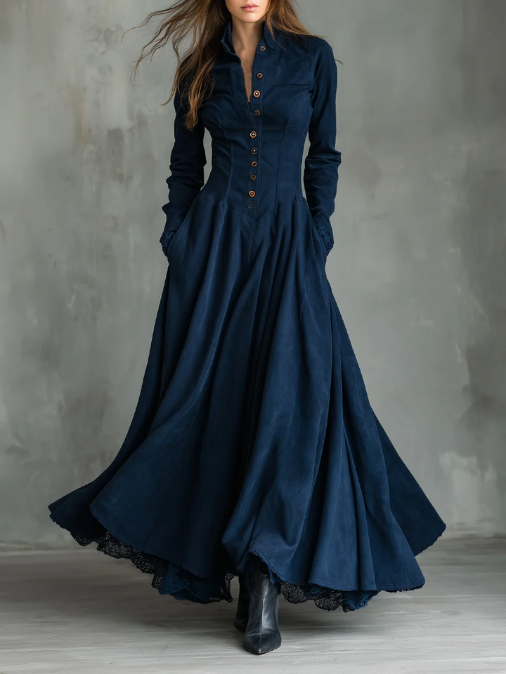 Holly | Lace-trimmed Shirt Collar Maxi Dress