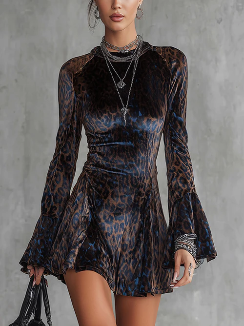 Camille | Blue Leopard Print Velvet Mini Dress