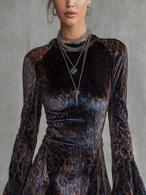 Camille | Blue Leopard Print Velvet Mini Dress