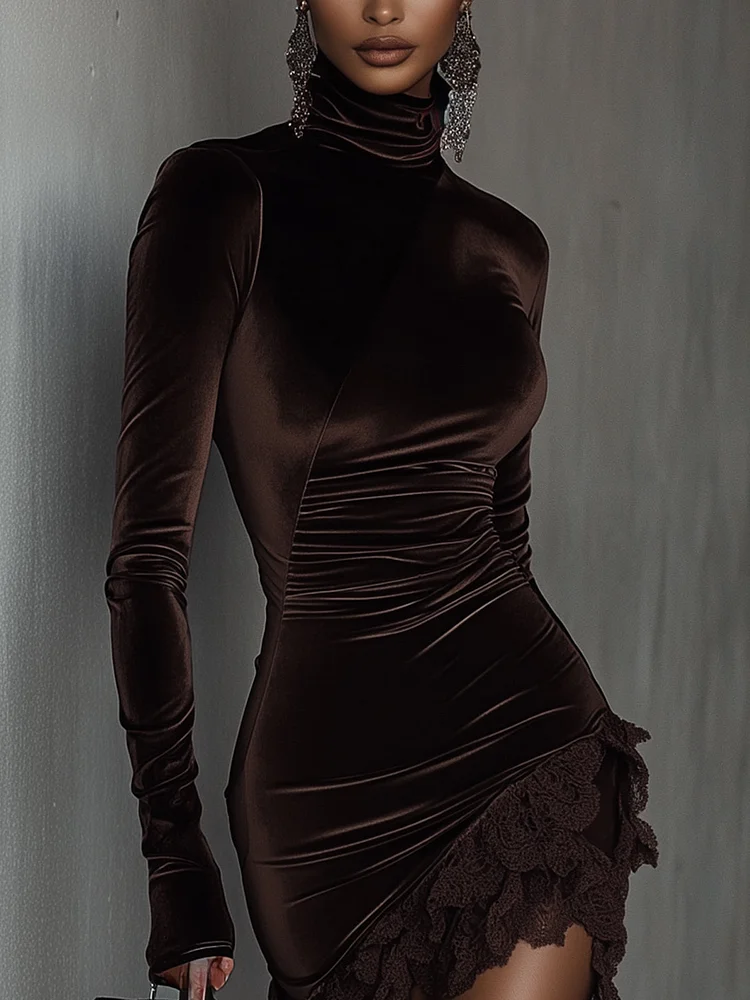 Elza | Turtleneck Lace Hem Fitted Mini Dress