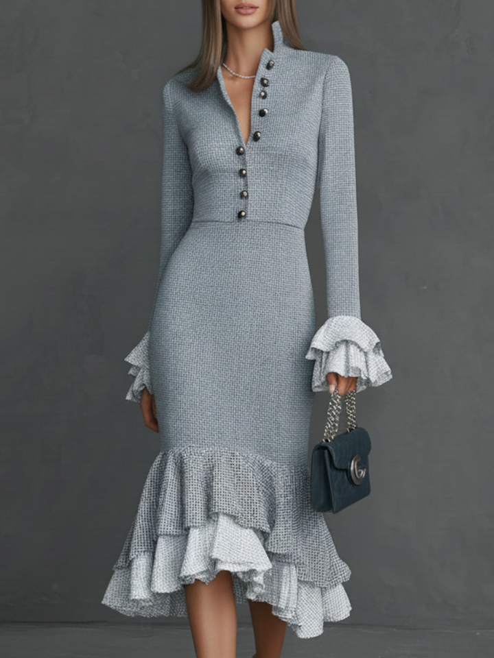 Julie | Long Sleeve Tweed Ruffled Midi Dress