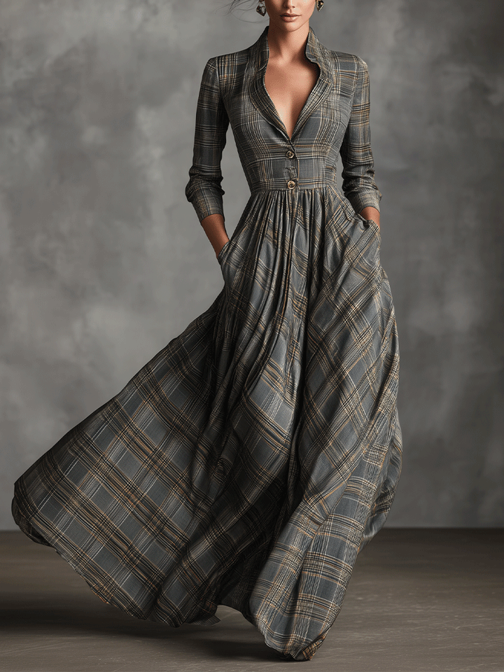 Karen | Sophisticated Tartan Blend Flared Maxi Dress