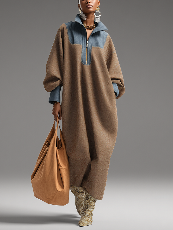 Abigail | Blue Stand Collar Loose-Fitting Long Dress