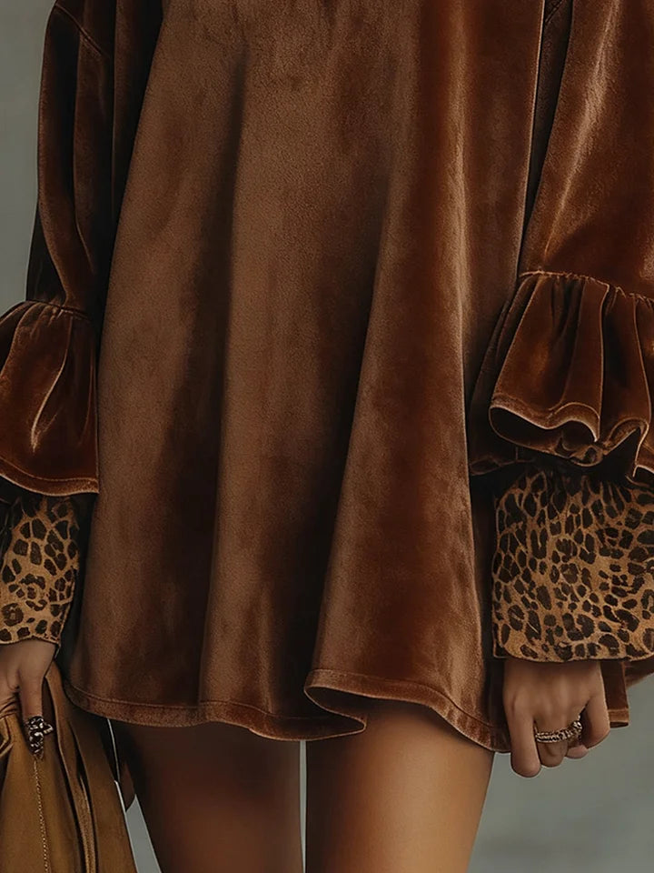 Lyselle | Velvet Leopard Cuff Flounce Sleeve Mini Dress