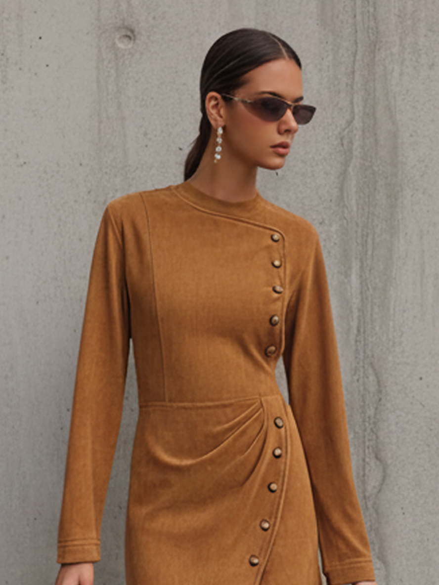 Nancy | Long Sleeve Suede Buttoned Slit Mini Dress