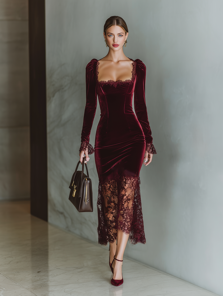 Hannelore | Burgundy Velvet Lace Fitted Maxi Dress