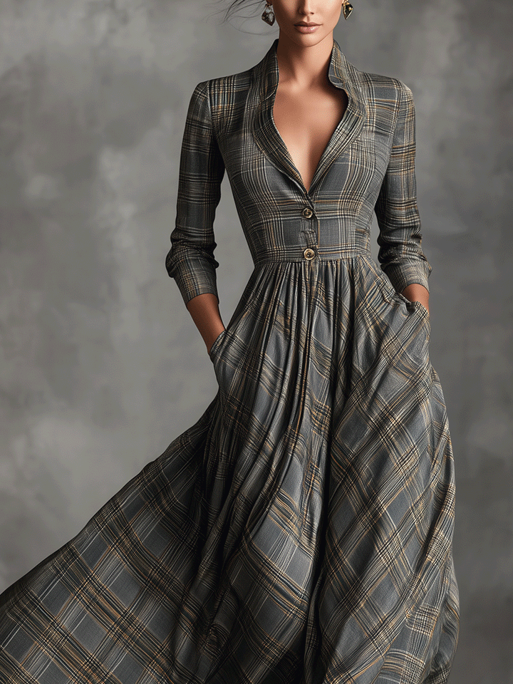 Karen | Sophisticated Tartan Blend Flared Maxi Dress
