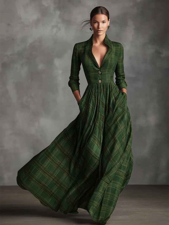 Karen | Sophisticated Tartan Blend Flared Maxi Dress