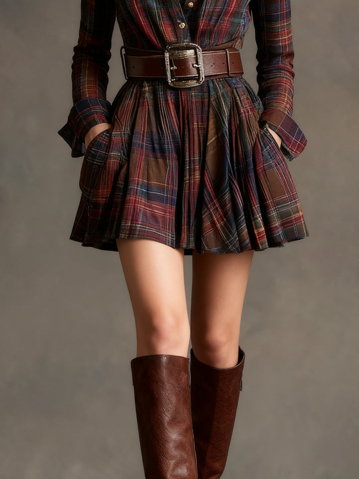 Sarah | Vintage Brown Plaid Mini Dress（Includes belt）