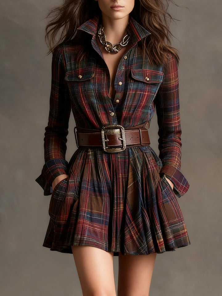 Sarah | Vintage Brown Plaid Mini Dress（Includes belt）