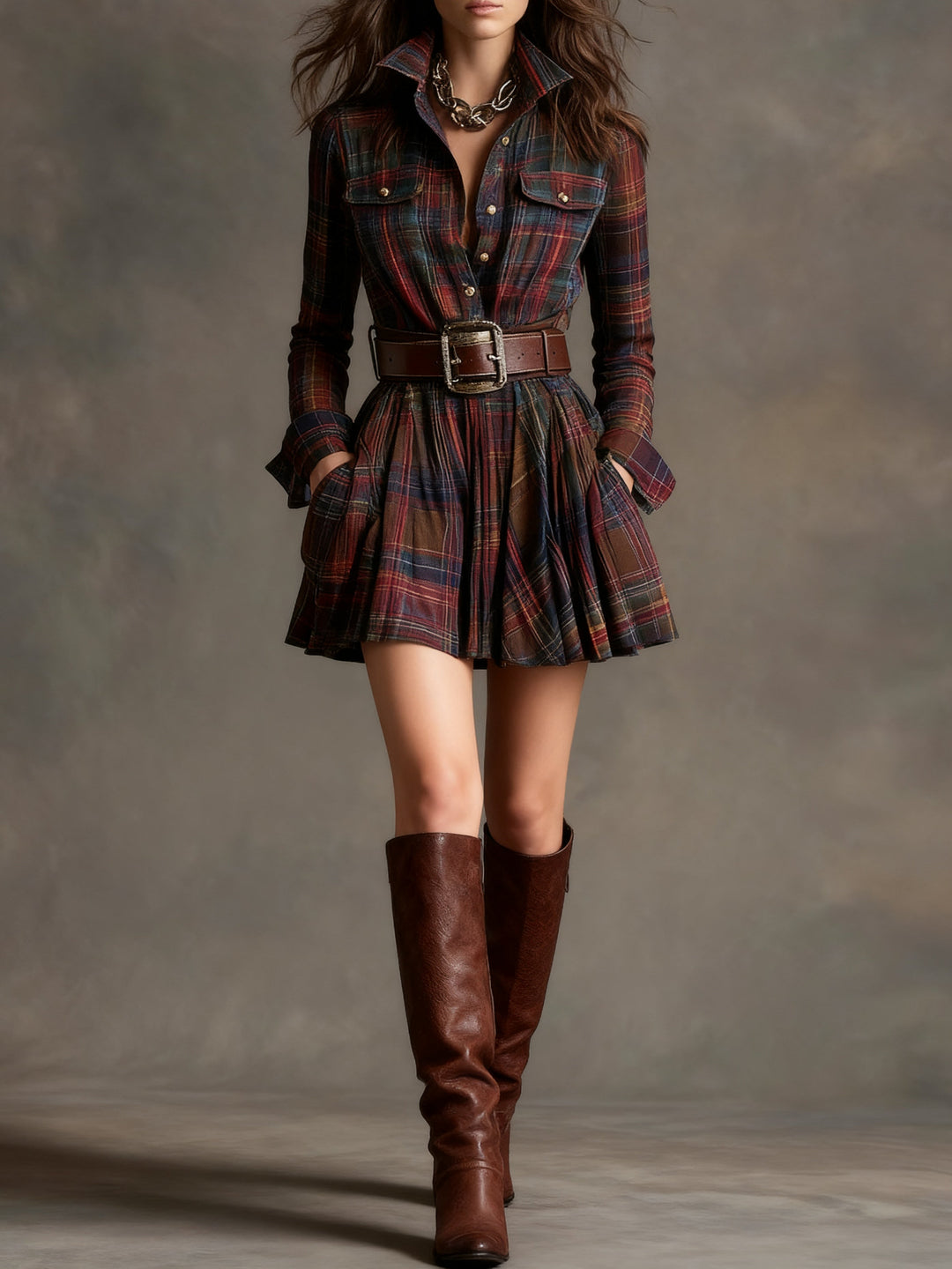 Sarah | Vintage Brown Plaid Mini Dress（Includes belt）