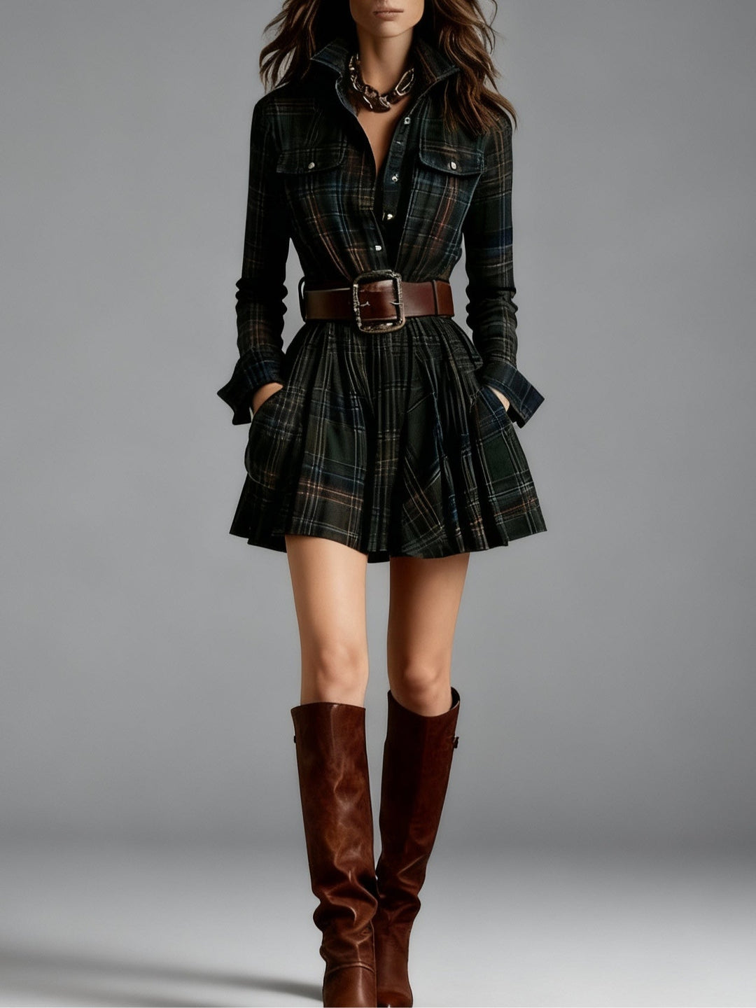 Sarah | Vintage Brown Plaid Mini Dress（Includes belt）