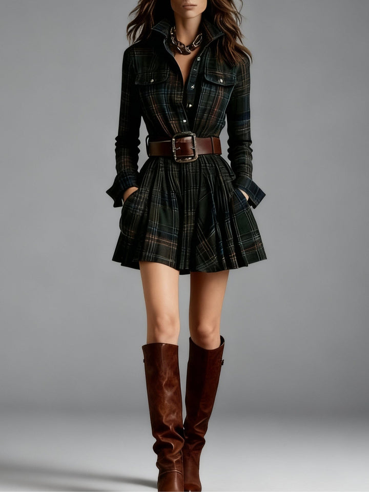 Sarah | Vintage Brown Plaid Mini Dress（Includes belt）
