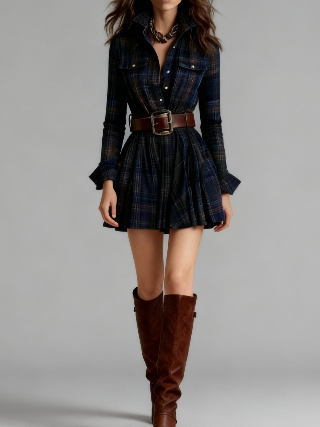 Sarah | Vintage Brown Plaid Mini Dress（Includes belt）