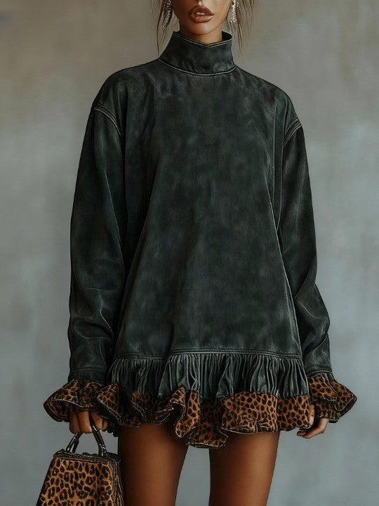 Adele | Turtleneck suede leopard print paneled hem mini dress