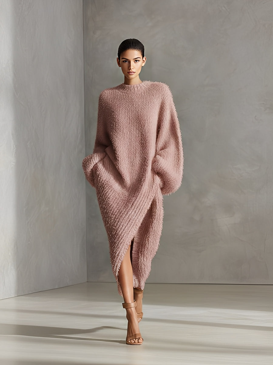 Victoria | Faux Mink Knit Asymmetric Slit Midi Dress